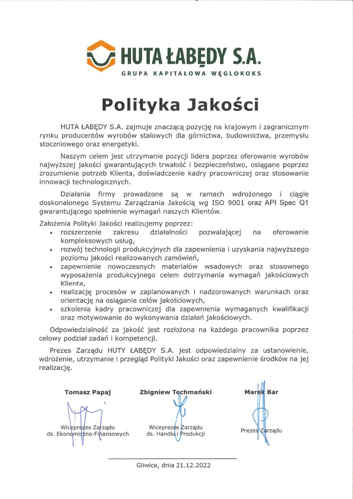Polityka Jakości Huty Łabędy S.A., dokument z podpisami zarządu.